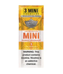 Swisher International Swisher Sweets Mini Cigarillos Foil Mango Lemonade 15/3, resealable foil pouch with mango lemonade flavor mini cigarillos design and warning label.